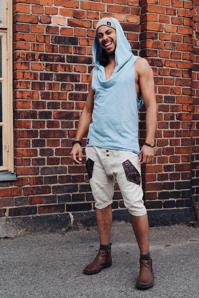 NOMAD Organic Cotton Sleeveless Hoodie: Boho Festival Top Light Blue