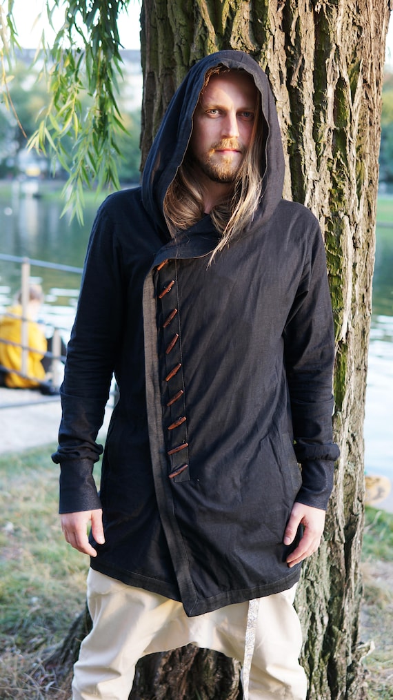 Mantello da uomo samurai, mantello con cappuccio nero, abbigliamento da uomo  beduino, mantello tribale, abbigliamento nomade, giacca di cotone  giapponese, mantello del mago, Festival -  Italia