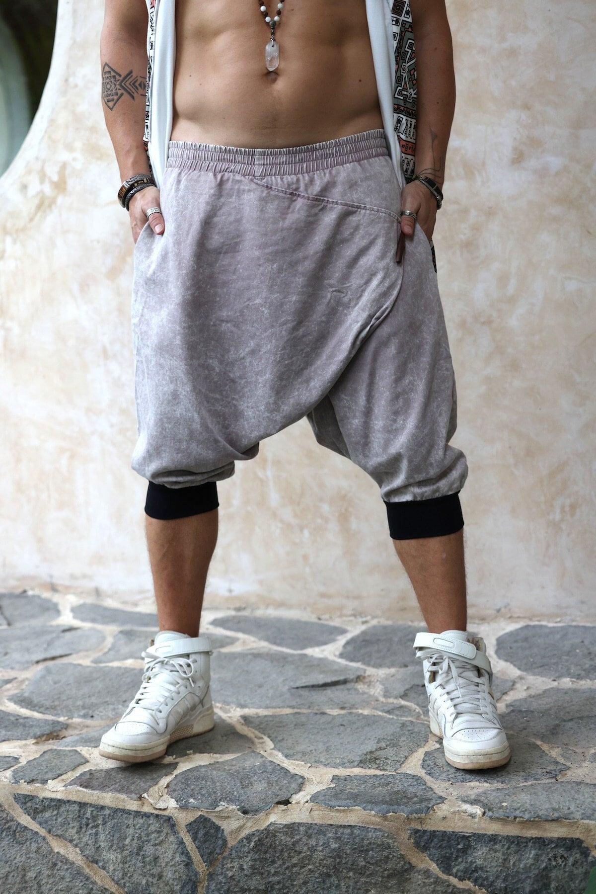 Men's Harem Capri Shorts: Stonewashed Cotton Twill, Zipper Pockets