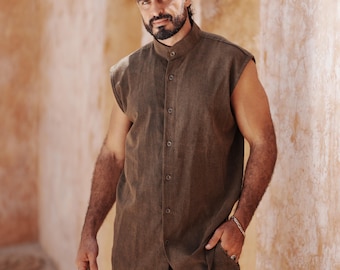 Dark Green Stonewashed Linen Vest: Men's Nehru Sleeveless Cardigan, Festival Waistcoat