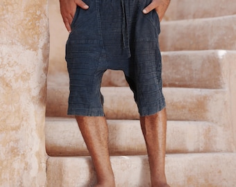 Men's Stonewashed Linen Drop Crotch Harem Shorts: Indigo Boho Festival Bottoms