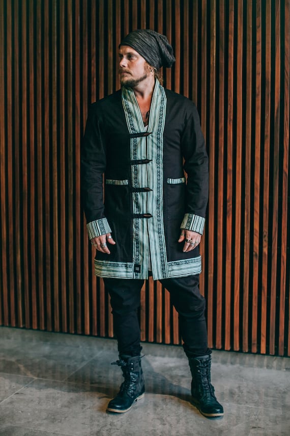 Long Sleeve Denim Kimono Style Jacket With Tribal Detail Long Sleeve Denim Kimono Style Jacket With Tribal Detail
