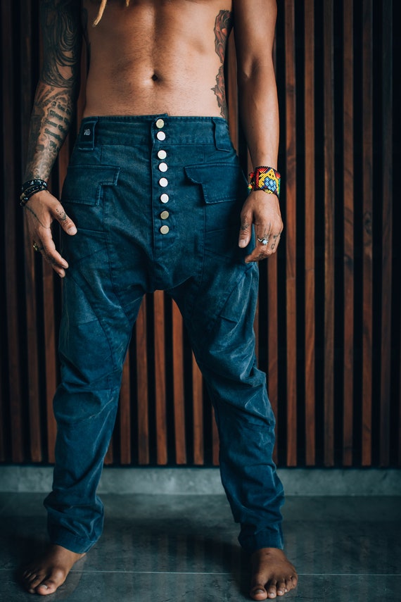 Buy URBANJ MEN'S INDIGO DROP CROTCH DENIM JOGGER PANTS (XL) Online at  desertcartINDIA