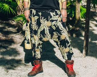 Bohemian Drop Crotch Pants / Boho pants / Harem Pants Men / Burning Man outfit / Festival wear / Tropical print Tulum style / Comfy pants