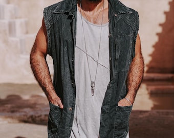 Dark Grey Stonewashed Cotton Tactical Vest for Alternative Streetwear and Cyberpunk Outfits