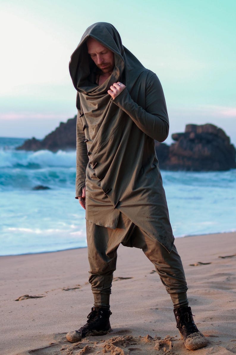 Green Hooded Jedi Robe • Burning Man Festival Outfit • Finnish Design Asymmetric Cardigan image 5