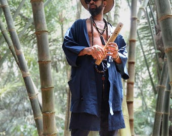 Navy Blue Linen Haori Kimono Robe: Japanese Inspired Menswear