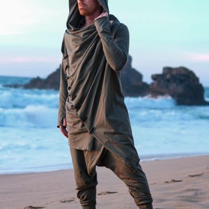 Green Hooded Jedi Robe • Burning Man Festival Outfit • Finnish Design Asymmetric Cardigan image 8
