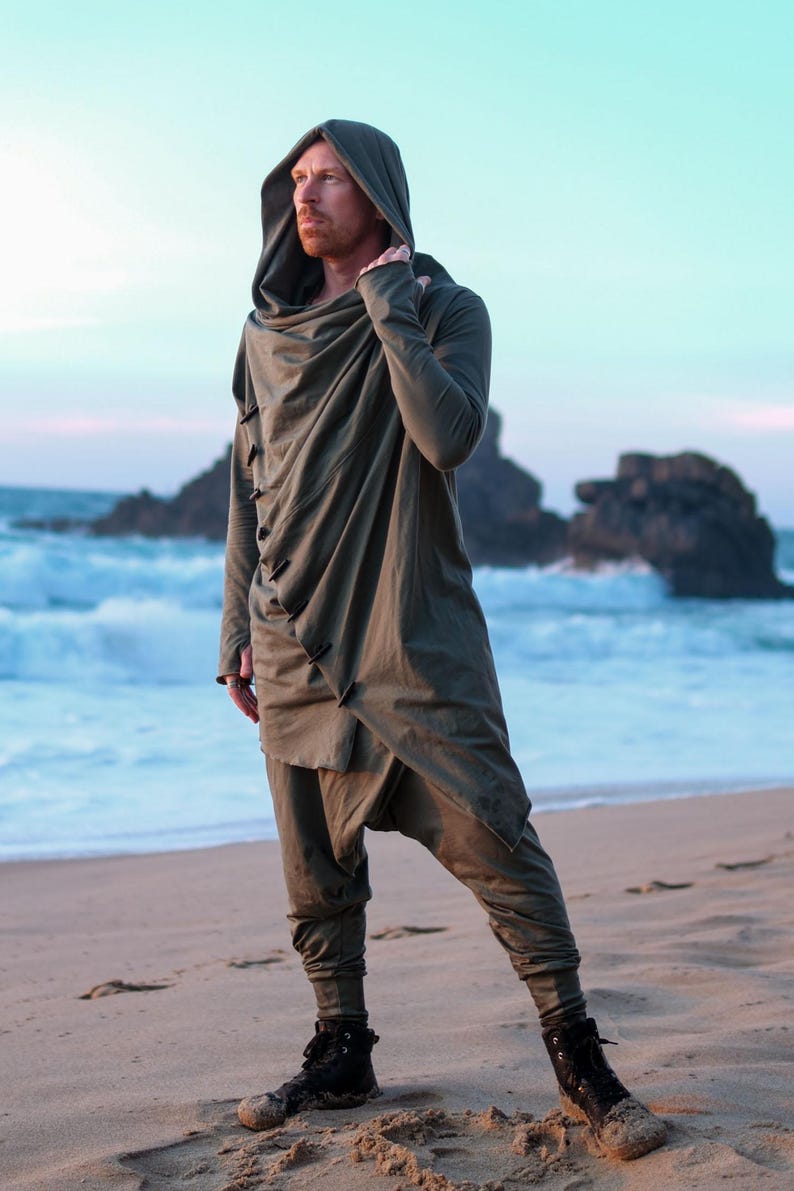 Green Hooded Jedi Robe • Burning Man Festival Outfit • Finnish Design Asymmetric Cardigan image 8