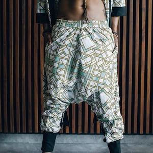 NINJA Geometric Ninja Harem Pants: White Cotton Drop Crotch, Festival Rave Wear
