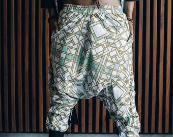 Ninja Style Harem pants with geometric print, Samurai Pants, Burning man outfit, White Drop Croch Pants, Harem pants men, Rave pants