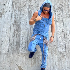 Burning Man Clothing Men, Festival Clothing Men, Rave Outfit Men / Sleeveless Hoodie / Festival Outfit Men, Boho Gypsy Clothing, Animalia Stonewashed Blue