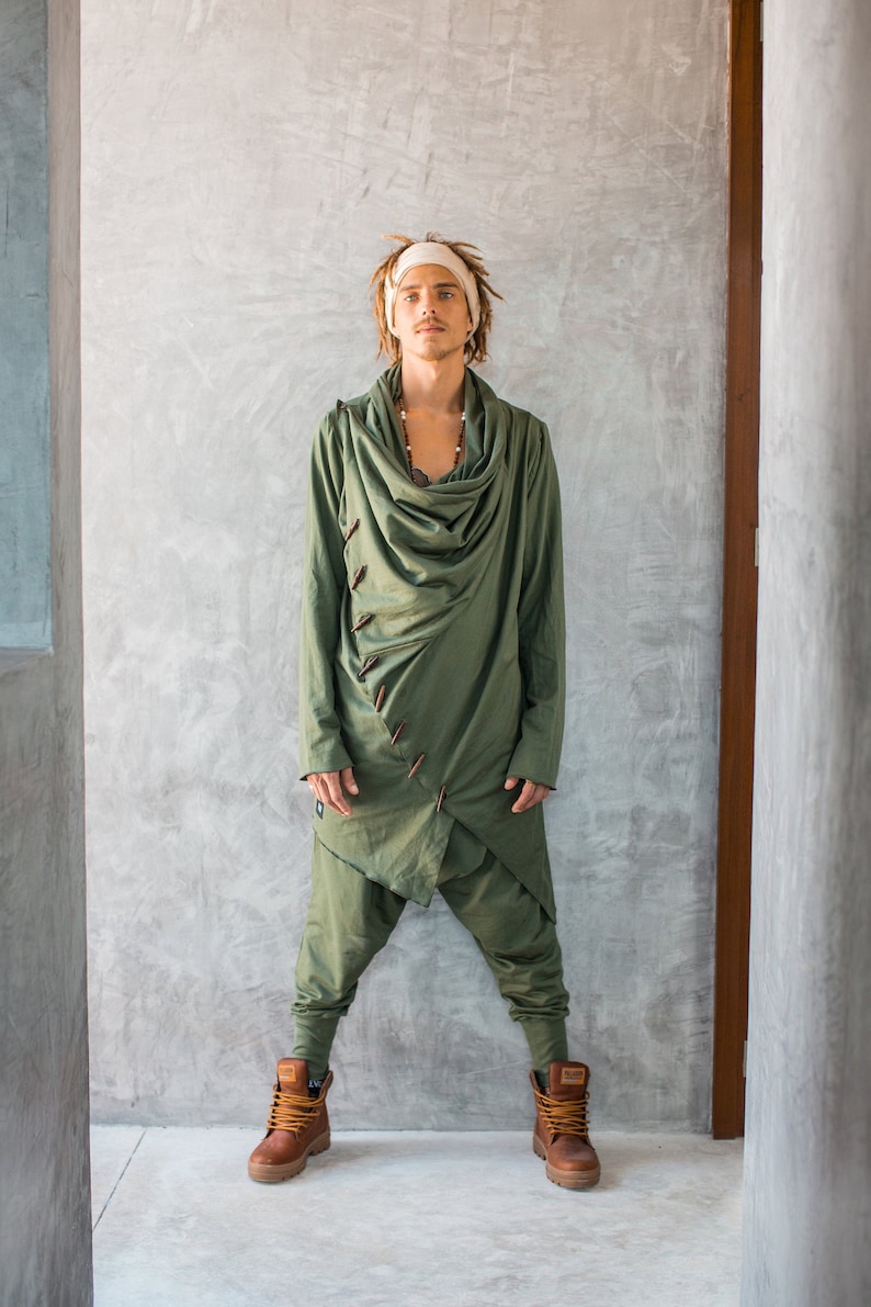 Green Hooded Jedi Robe • Burning Man Festival Outfit • Finnish Design Asymmetric Cardigan image 2