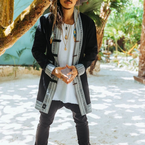 NAVAJO Mens Denim Kimono Jacket: Long Sleeve Tribal Coat