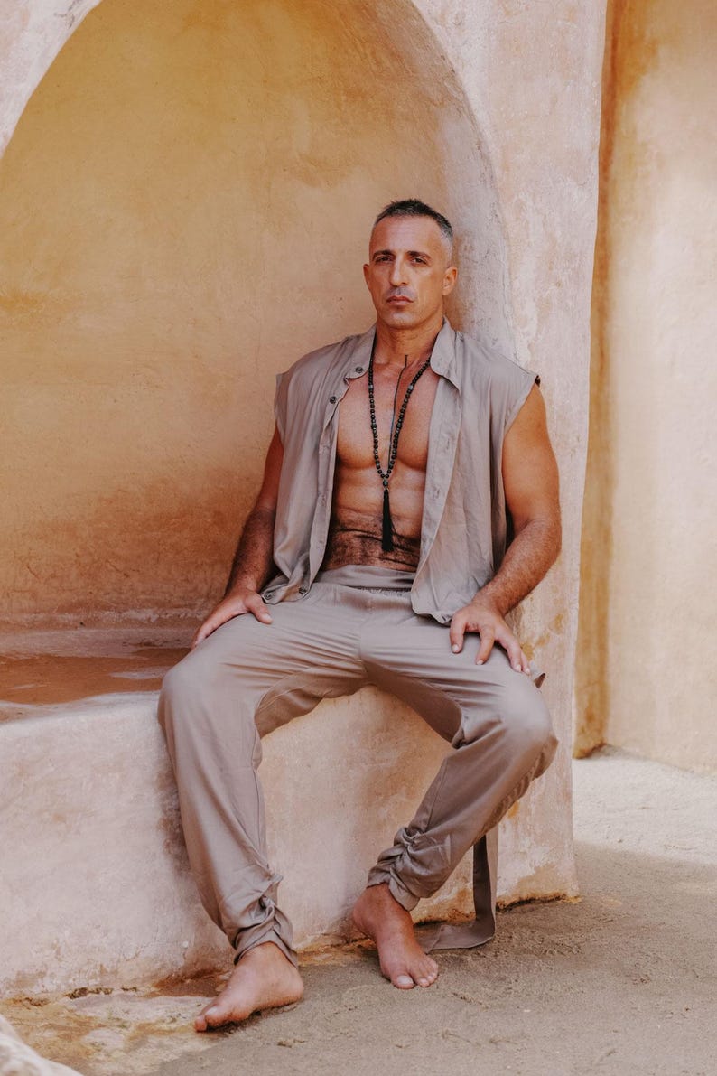 Khaki Tencel Nehru Vest • Festival Layer Boho Cardigan • Burning Man Clothing imagen 2