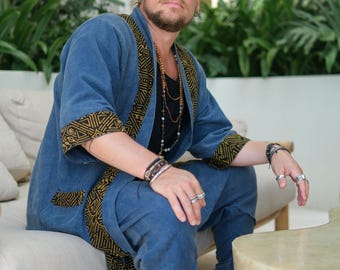Indigo Stonewashed Linen Kimono: Men's Boho Art Print Robe, Japanese Zen Style Cardigan