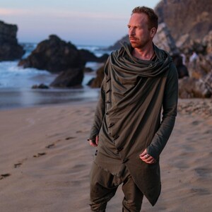 Green Hooded Jedi Robe • Burning Man Festival Outfit • Finnish Design Asymmetric Cardigan image 7
