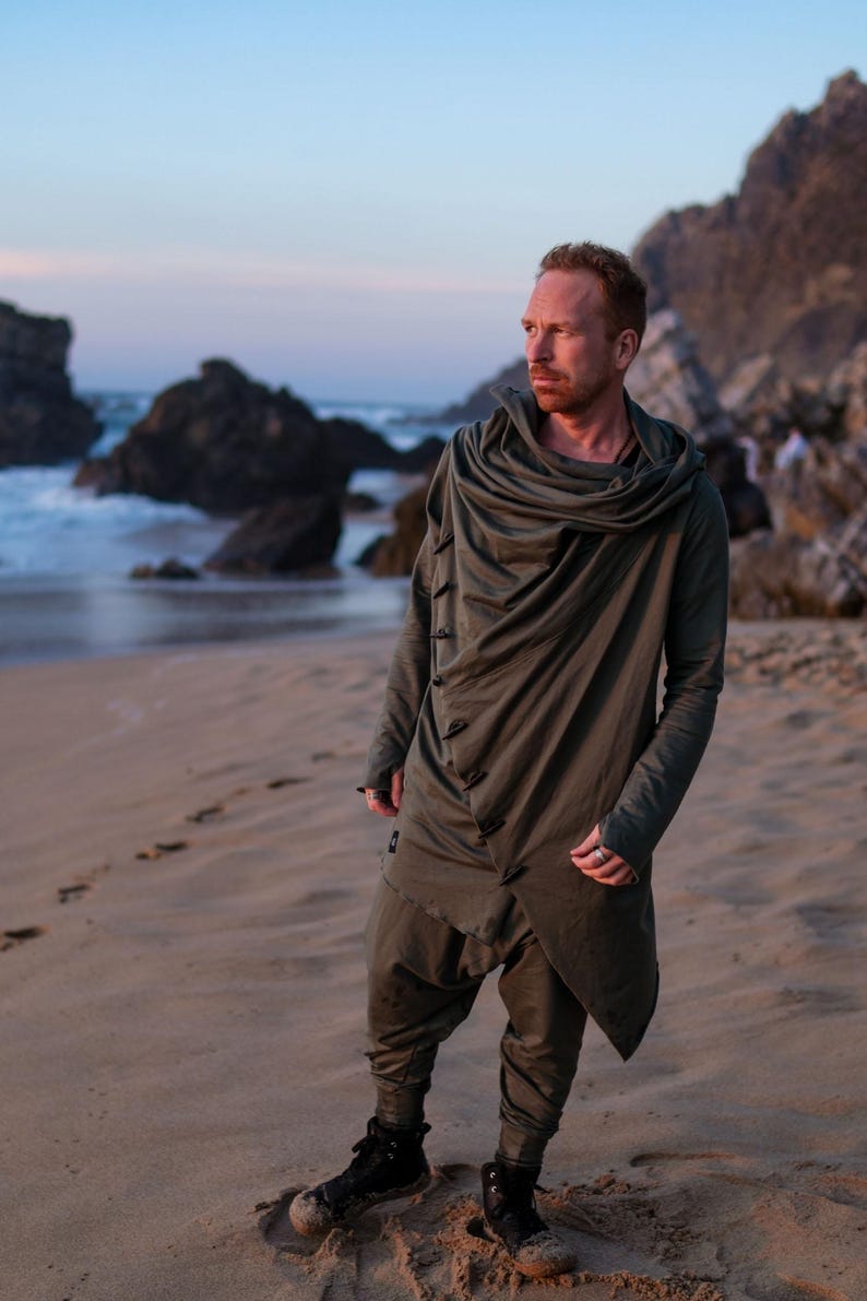 Green Hooded Jedi Robe • Burning Man Festival Outfit • Finnish Design Asymmetric Cardigan image 7