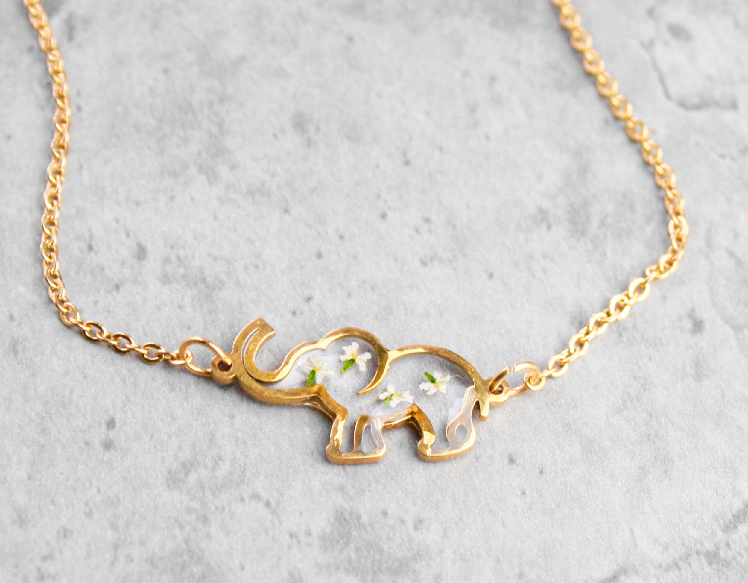 Gold elephant bracelet with real flowers stacking adjustable chain bracelet for women