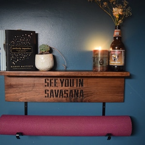 Personalized Yoga Mat Holder, Wall Mount shelf for gym mat, yoga mat storage, exercise, gift for yogi, bag, carrier, foam roller, wooden