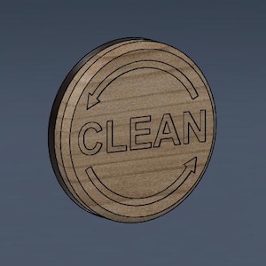May include: A round wooden sign with the word "CLEAN" in the center. Two curved arrows encircle the word. The sign has a light brown wood grain appearance with a dark brown border. The background is a solid blue-gray.