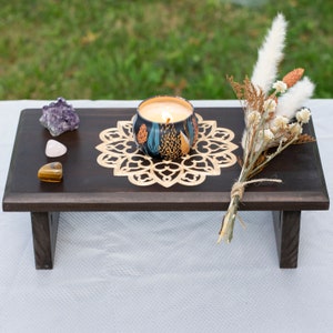 Mandala Meditation Altar, Engraved small wood table, 3 sizes,