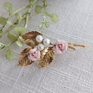 Vintage 1928 Rose Stems Brooch Pin with Porcelain Roses and Faux Pearls • Romantic Jewelry • 1928 Jewelry • 1980s 1990s