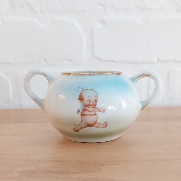 Antique Kewpie Sugarbowl • Vintage Rose O'Neill Transferware • Germany, white with blue and green, 1910s • Child's Play Set