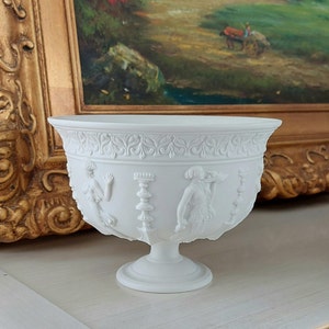 1960s Italian Bisque Porcelain Compote Bowl: Romanesque Bas Relief Decor