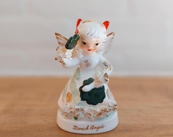 Napco March Angel Figurine • St. Patrick&#39;s Day Angel • Vintage Napco A1363 • Figurine Knick Knack Kitschy