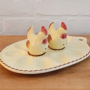 Vintage Deviled Egg Tray with Chicken Salt and Pepper Shakers • Made in Japan Viking Imports • Serving Tray Condiment Tray