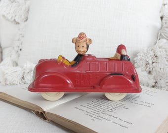 Vintage Mickey Mouse Rubber Push Toy - Sun Rubber Fire Truck - Walt Disney Collectible Toy - 1930s Sun Rubber Toy Car - Donald Duck