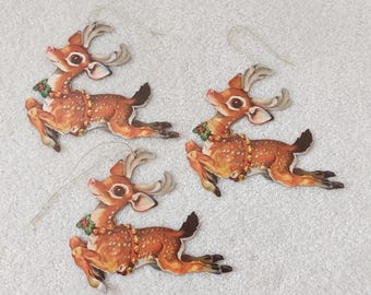 Vintage Santa&#39;s Reindeer Cardboard Die-Cuts (set of 3) • Dennison U.S.A 05X • Christmas Decor Ornaments