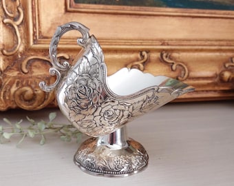 Vintage Silverplate Sugar Scuttle with Embossed Rose Design and Scalloped Edges
