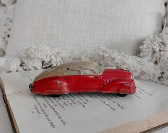Vintage 1930s Sun Rubber Toy Car - Beige & Red Coupe