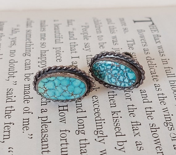 Vintage Silver and Turquoise Screw Back Earrings … - image 1