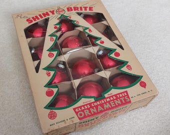 Shiny Brite Ornament Box and Red Glass Christmas Ornaments •  Shiny Brite Christmas Ornaments • Red Bulbs • Vintage Christmas