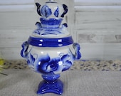 Ancient ceramic samovar made in the USSR. White and blue Russian paintings Gzhel, decorative collectibles 70-80s. a Christmas gift