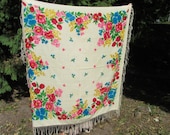 Beautiful white vintage scarf with a delicate floral print.Shawl made of pure wool with a fringe.Traditional Ukrainian ornament Slavic style