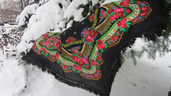 Vintage Wool Black Shawl, Vintage Ukrainian Shawl,