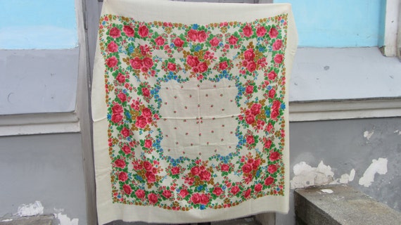 White Ukrainian shawl, Russian White Floral Scarf