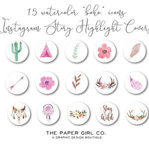 instagram story highlight icons, 15 boho watercolor covers, instagram highlight icons, instagram icons, instagram highlights, blog branding