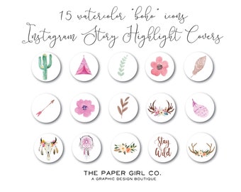 instagram story highlight icons, 15 boho watercolor covers, instagram highlight icons, instagram icons, instagram highlights, blog branding