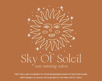 Diseño de logotipo con rostro de sol místico, estilo bohemio celestial.