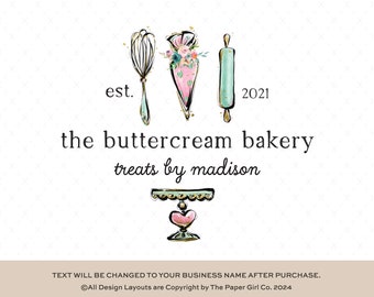 Bakery Logo | Rolling Pin Logo | Bakers Logo | Branding Package | Whisk Logo | Brand Set | Watercolor Logo | Cake Shop Logo | Custom Logo