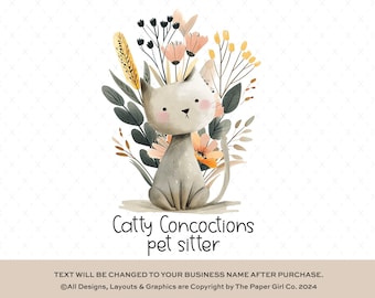 Lindo logotipo prefabricado de gato caprichoso, logotipo de gatito de estilo vintage, marca de pequeña empresa, logotipo de animal, diseño de logotipo de cuidador de mascotas