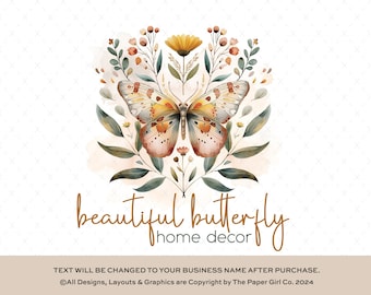 Watercolor Butterfly Logo, Premade Botanical Branding Kit, Feminine Business Logo, Floral Logo Design for Small Business