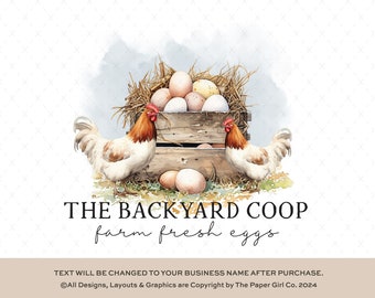 Logo rustique de poulet et d'œufs, image de marque de la ferme (conception préfabriquée)