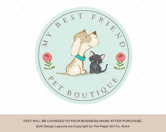 May include: A light blue circle with the text "My Best Friend Pet Boutique" in brown lettering. A cartoon dog and cat are inside the circle. The dog is brown and white with a blue collar. The cat is black with a white chest.