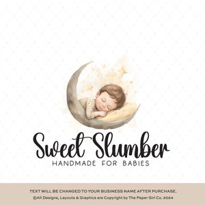 Logo per bambino prefabbricato, Luna e stelle assonnate, Branding carino per l'asilo nido, Grafica Illustrator per neonato, Colori tenui, Design del logo per neonato da sogno